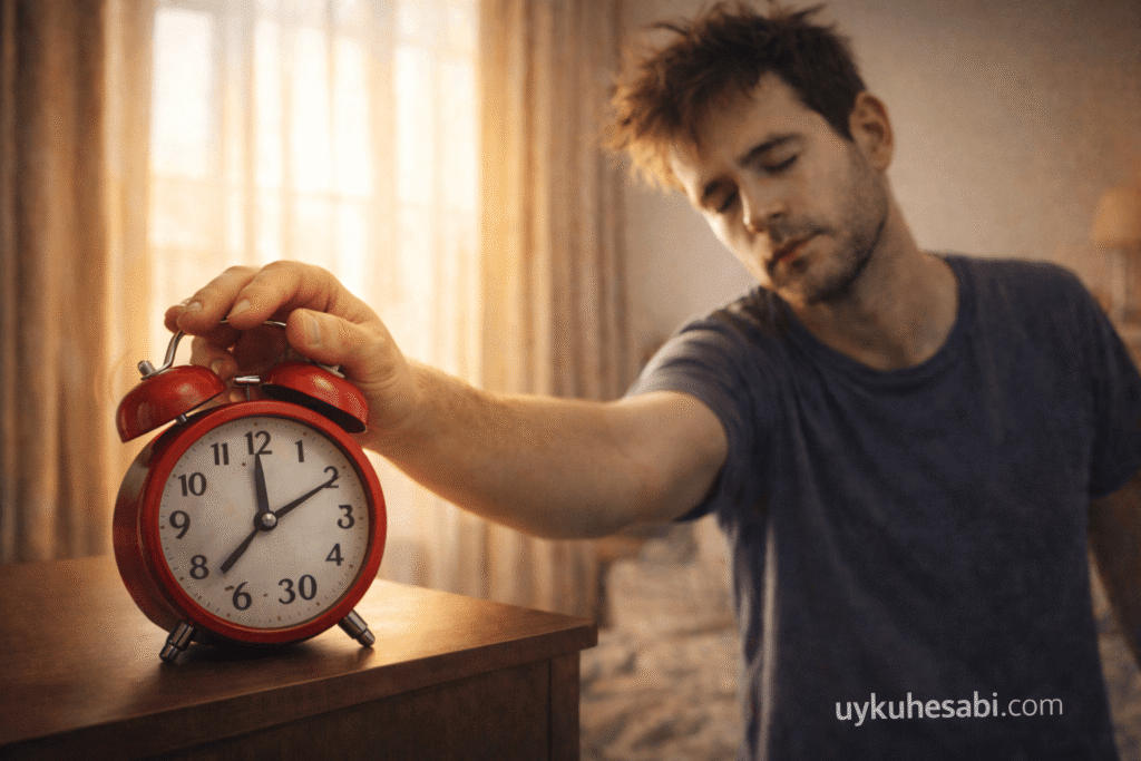 Alarm erteleme (snooze) düğmesine gözleri kapalı halde basan uykulu adam