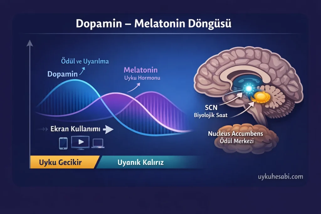 Şekil: Dopamin ve melatonin hormonlarının akşam saatlerinde uyku döngüsünü nasıl etkilediğini gösteren basitleştirilmiş model.