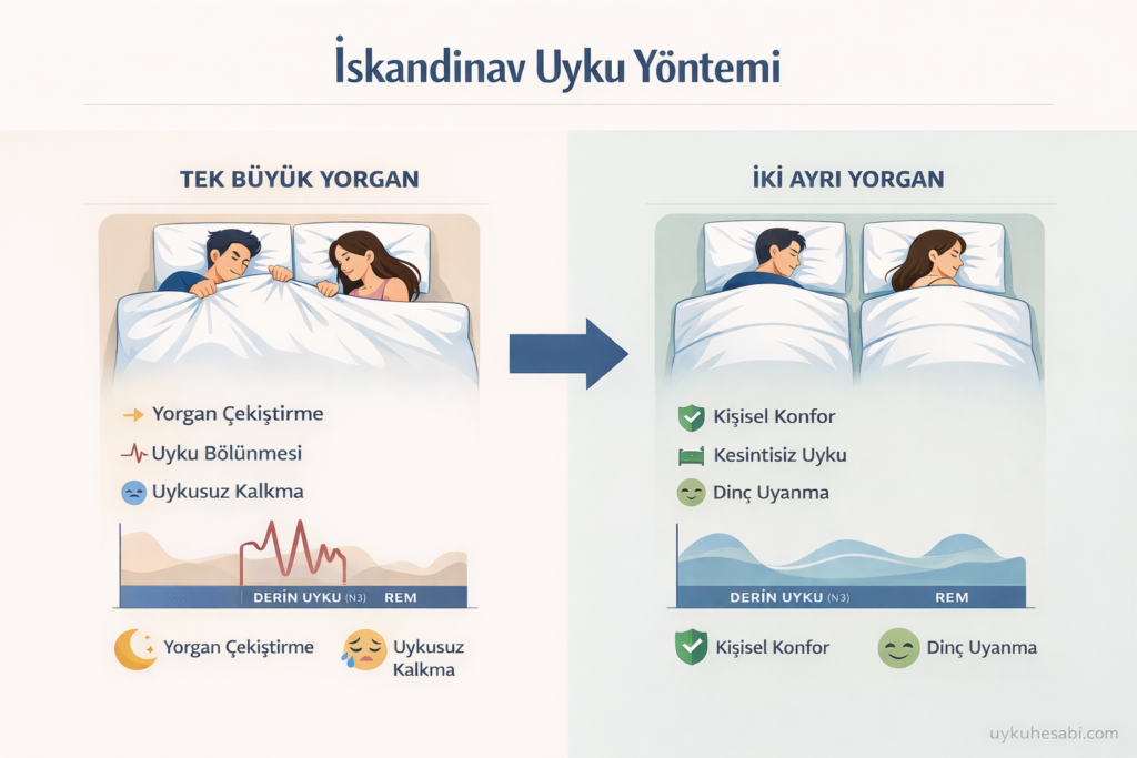 İskandinav uyku yöntemi: tek büyük yorgan ile iki ayrı yorgan kullanımının uyku bölünmesi üzerindeki karşılaştırması