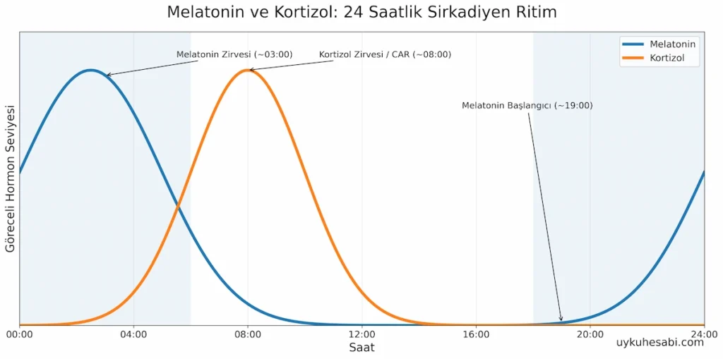 Melatonin ve kortizol hormonlarının 24 saatlik sirkadiyen ritim grafiği