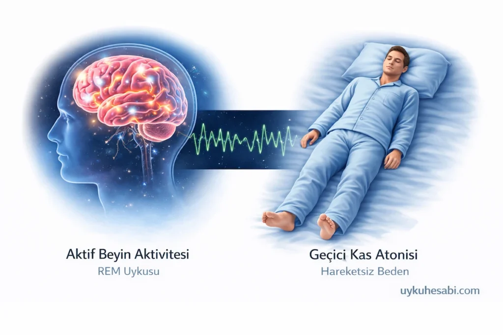 REM uykusunda beyin aktivitesi artarken, geçici kas atonisi sayesinde beden büyük ölçüde hareketsiz kalır.